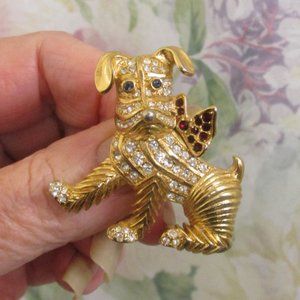 KJL Rhinestone Gold Dog Brooch ~VINTAGE Kenneth J Lane Gold Rhinestone Puppy Pin